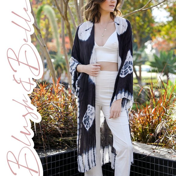🚨 1 LEFT!  Tie-Dye Longline Kimono w/Full Sleeves Black - Picture 4 of 6